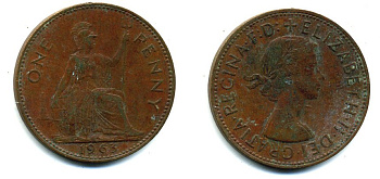 Великобритания 1 пенни 1962 Елизавета II (1952-2022) KM 897, Spink 4157 бронза 57-524