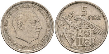 Испания 5 песет 1957 (71) Франсиско Франко (1939 - 1975) KM 786 медно-никель 4155-551