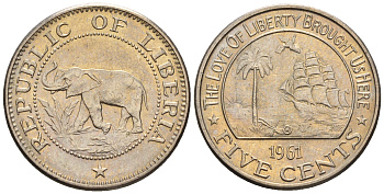 Либерия 5 центов 1961  KM 14 медно-никель  aUNC  220-1238