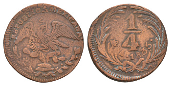 Мексика 1/4 реала 1835 KM 358 медь 1518-1732