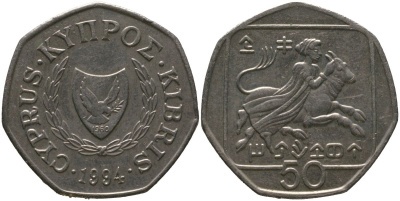 Кипр 50 центов 1994 похищение Европы KM 66 медно-никель 4402-846