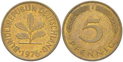 ФРГ 5 ПФЕННИГОВ 1976 J KM 107, J. 382 сталь плакированная латунью 4181-952