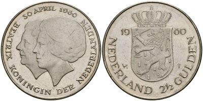 Нидерланды 2 1/2 гульдена 1980 коронация Беатрикс, 30 апреля 1980 KM 201 никель 4162-742