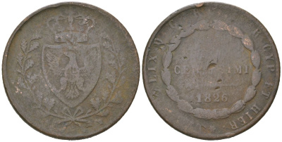 Сардинское королевство (Сардиния) 5 чентезимо 1826 KM 127.2 медь 110-426