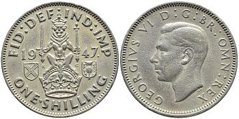 Великобритания 1 шиллинг 1947 Георг VI (1936-1952), Шотландский герб KM 864, Spink 4104 медно-никель 4395-1157