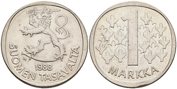 ФИНЛЯНДИЯ 1 МАРКА 1988 M KM 49a медно-никель 4563-537