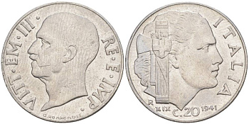 ИТАЛИЯ 20 ЧЕНТЕЗИМО 1941 R, ГОД XIX, ВИКТОР ЭММАНУИЛ III (1900-1946) KM 75b, VEM3. 1028 нержавеющая сталь 3853-1012