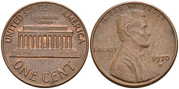 США 1 цент 1970 D, Линкольн KM 201 медь цинк 4115-862
