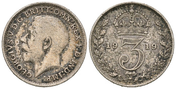 Великобритания 3 пенса 1919 Георг V (1910-1936) KM 813, Spink 4015 серебро 4611-1141