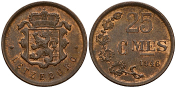 Люксембург 25 сантимов 1946 Шарлотта (1918-1964) KM 45 бронза 4115-138