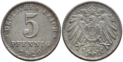 ГЕРМАНИЯ 5 ПФЕННИГОВ 1920 A KM 19, J 297 железо 4396-311