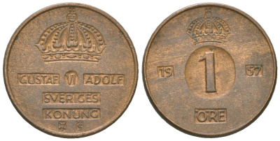 Швеция 1 эре 1957 TS, Густав VI Адольф (1950-1973) KM 820 бронза 218-1234