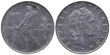 ИТАЛИЯ 50 ЛИР 1971 R, БОГ ОГНЯ ВУЛКАН У НАКОВАЛЬНИ KM 95.1 нержавеющая сталь 3333-423