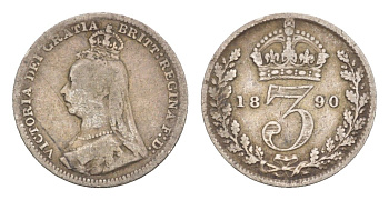 Великобритания 3 пенса 1890 Виктория (1837-1901) KM 758, Spink 3931 серебро 4658-955