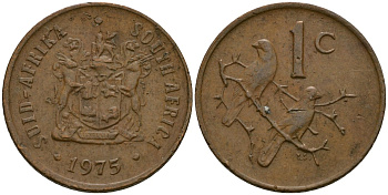 ЮАР 1 цент 1975 герб ЮАР, капские воробьи KM 82 бронза 4136-456