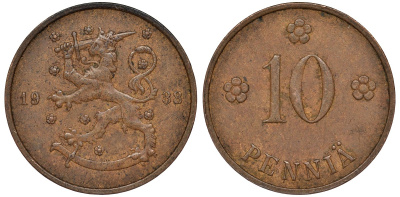 Финляндия 10 пенни 1938 KM 24 медь 51-3013