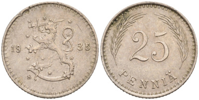 ФИНЛЯНДИЯ 25 ПЕННИ 1935 S KM 25 медно-никель 192-1156