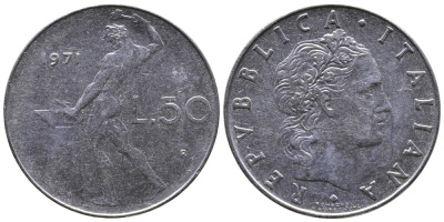ИТАЛИЯ 50 ЛИР 1971 R, БОГ ОГНЯ ВУЛКАН У НАКОВАЛЬНИ KM 95.1 нержавеющая сталь 3333-423