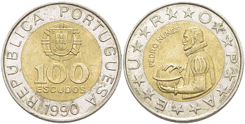 Португалия 100 эскудо 1990 Педру Нуниш (1502-1578), математик KM 645.1 биметалл 213-314