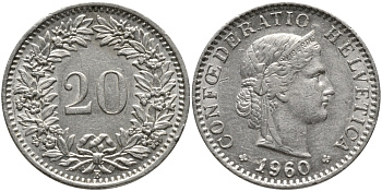 Швейцария 20 раппенов 1960 KM 29a медно-никель 4622-342