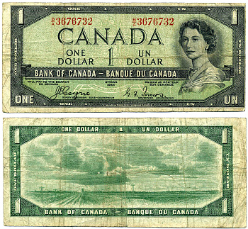 Канада 1 доллар 1954 подписи COYNE-TOWERS, CBNC, DEVIL'S FACE HAIRDO Pick 66a бумага 2197-2-1-2