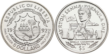 Либерия 5 долларов 1992 чемпионы формулы 1, Айертон Сенна 1989, 1990, 1991 год KM 78 серебро PROOF 1096-3-52