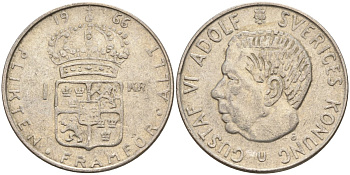 Швеция 1 крона 1966 U, Густав VI Адольф (1950-1973) KM 826 серебро 4150-214