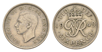 Великобритания 6 пенсов 1949 Георг VI (1936-1952) KM 875, Spink 4110 медно-никель 4639-235