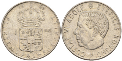 Швеция 1 крона 1966 U, Густав VI Адольф (1950-1973) KM 826 серебро 4150-214