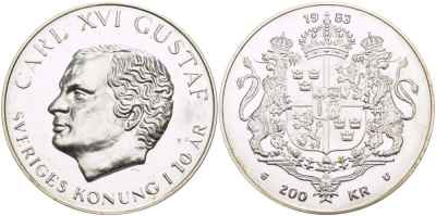 Швеция 200 крон 1983 Карл XVI Густав (1973- ), 10 лет правления KM 862 серебро 1069-10-22