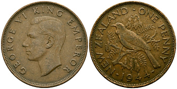 Новая Зеландия 1 пенни 1944 Птица Туи, Король Георг VI (1937 - 1952) KM 13 бронза 4165-1233
