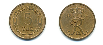 ДАНИЯ 5 ЭРЕ 1970 C; S, ФРЕДЕРИК IX (1947-1972) KM 848.1 бронза 80-341