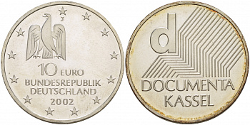 ФРГ 10 евро 2002 J, выставка документов в Касселе KM 217, DE. S. 10.3 серебро UNC 1082-9-23