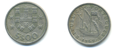 ПОРТУГАЛИЯ 5 ЭСКУДО 1967ПАРУСНИК KM 591 медно-никель 86-1223