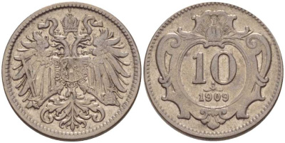 АВСТРИЯ 10 ГЕЛЛЕРОВ 1909 АВСТРО-ВЕНГЕРСКАЯ ИМПЕРИЯ KM 2802 никель 201-344