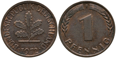 ФРГ 1 пфенниг 1972 F KM 105, J.380 сталь плакированная медью 99-324