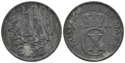 ДАНИЯ 1 ЭРЕ 1944 N; S, КРИСТИАН X (1912-1947) KM 832 цинк 66-162