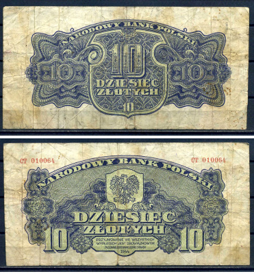 Польша 10 злотых 1944 Pick 110 бумага 8518-3-2-2
