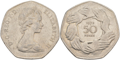 Великобритания 50 пенсов 1973 Елизавета II (1952-2022), вступление в Европейское экономическое сообщество KM 918, Spink 4224 медно-никель 115-621