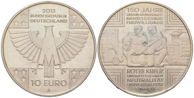ФРГ 10 евро 2013 A, 150 лет Красному Кресту KM 320 медно-никель UNC 1066-6-13