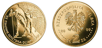 Польша 2 злотых 2006 MW, Зимние Олимпийские игры в Турине, биатлон KM 605, Parchimowicz 985 латунь UNC 603-541