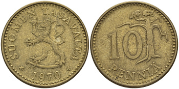 ФИНЛЯНДИЯ 10 ПЕННИ 1970 S KM 46 алюминиевая бронза 100-169