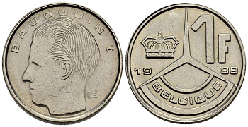 БЕЛЬГИЯ 1 ФРАНК 1989 BELGIQUE KM 170 сталь плакированная никелем 4528-1034