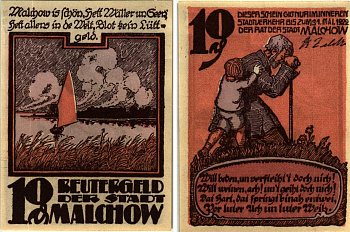 МАЛЬХОВ 10 ПФЕННИГОВ 1922 НОТГЕЛЬД, 1922 - 31 МАЯ 1922, ЗЕМЛЯ МЕКЛЕНБУРГ-ПЕРЕДНЯЯ ПОМЕРАНИЯ Grabowski 863.1 бумага 6318-47-3-1