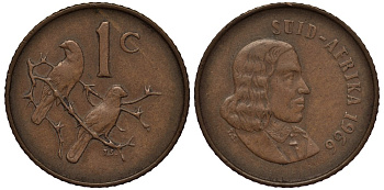 ЮАР 1 цент 1966 Ян ван Рибек (1619-1677), Suid Africa, легенда на африкаанс, капские воробьи KM 65.2 бронза 4539-233