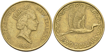 Новая Зеландия 2 доллара 1991 Елизавета II (1952-2022), большая белая цапля KM 79 алюминиевая бронза 4126-1216