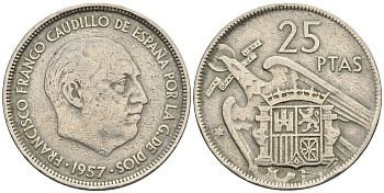 Испания 25 песет 1957 (64) Франсиско Франко (1939-1975) KM 787 медно-никель 85-754