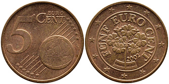 АВСТРИЯ 5 ЕВРОЦЕНТОВ 2002 KM 3084 сталь плакированная медью 4391-235