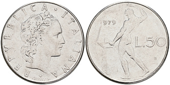 ИТАЛИЯ 50 ЛИР 1979 R, КУЗНЕЦ KM 95.1 нержавеющая сталь 4561-833