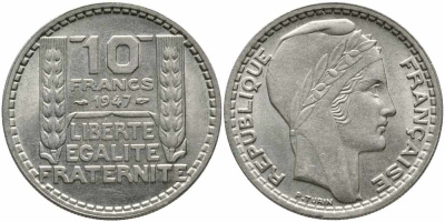 Франция 10 франков 1947 тип Пьер Турин KM 908.1, Le Franc 361.4 медно-никель 85-1133